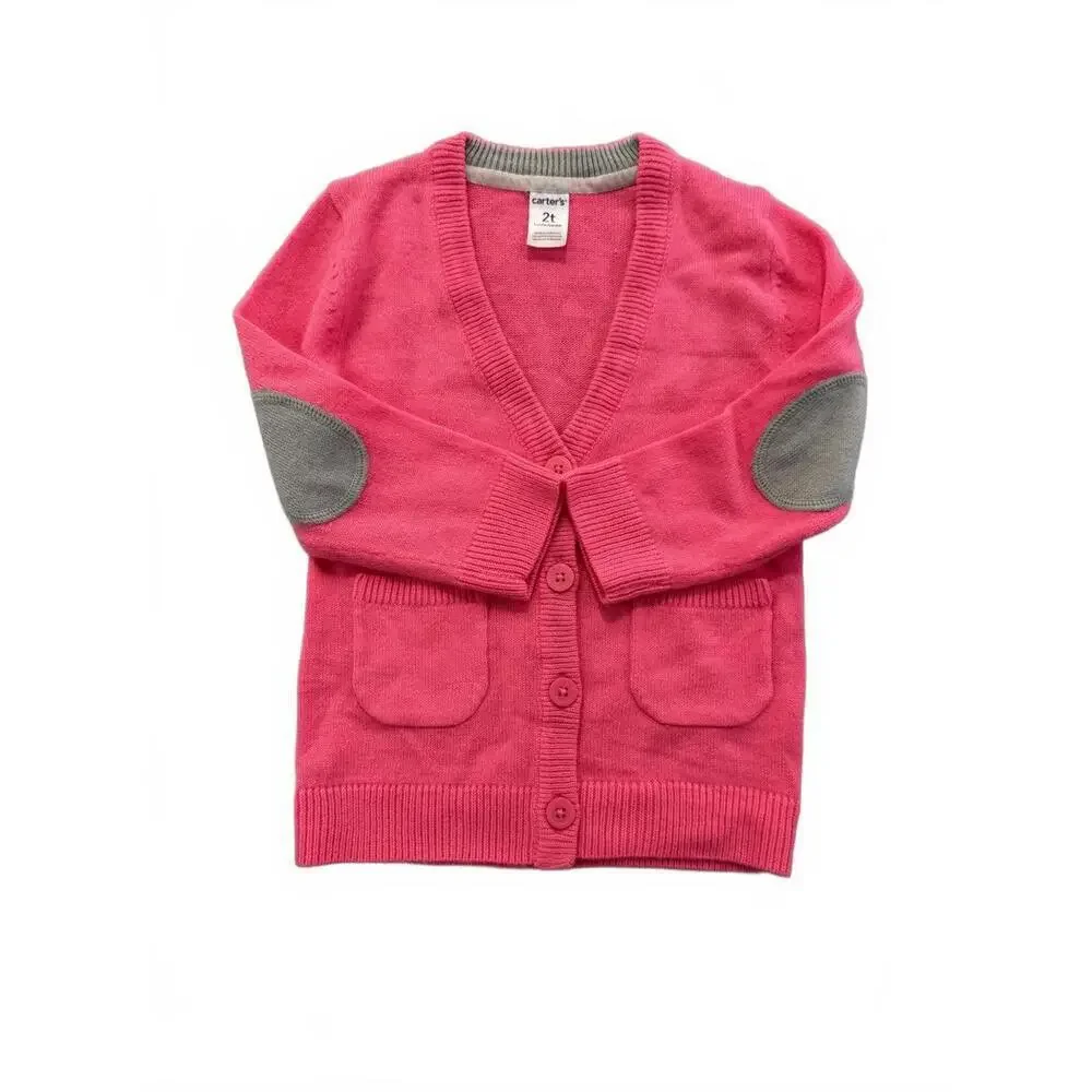 Carter's Cardigan Sweater Girls 2T Pink Knit Elbow Patch Pockets Button Front
